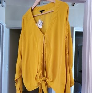 EXPRESS XL yellow gauze button down tie front NWT